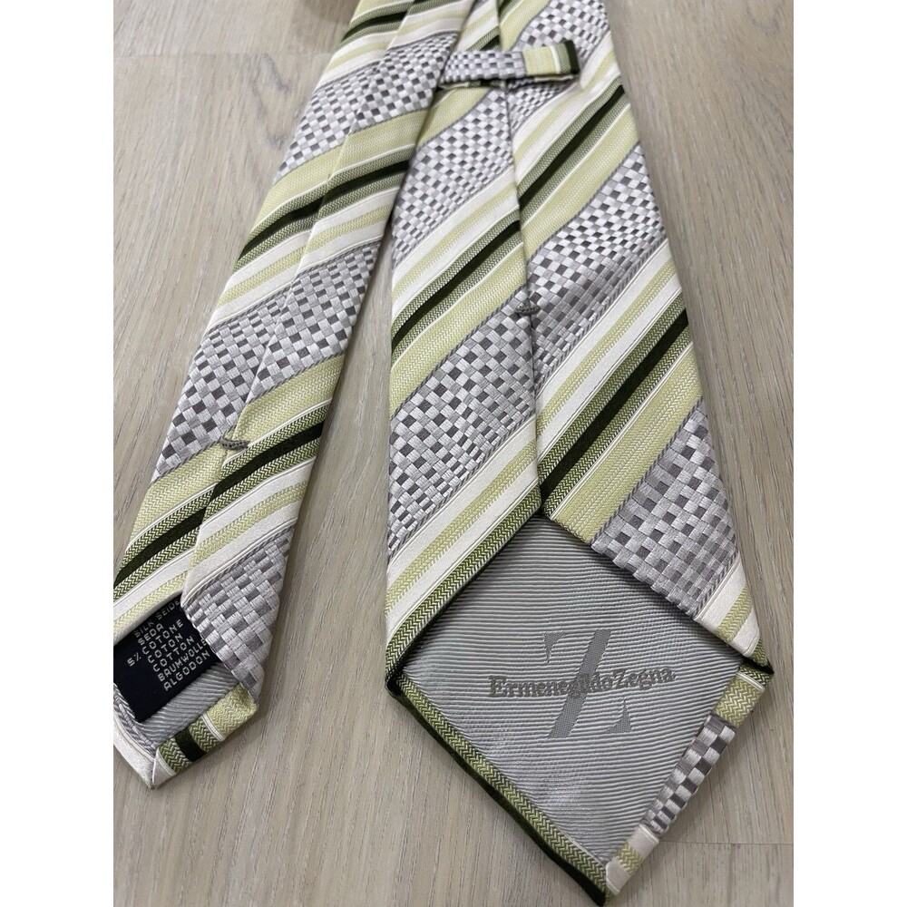 Ermenegildo Zegna Men's Silk Cotton Striped Tie Gray Green White Pointed Woven